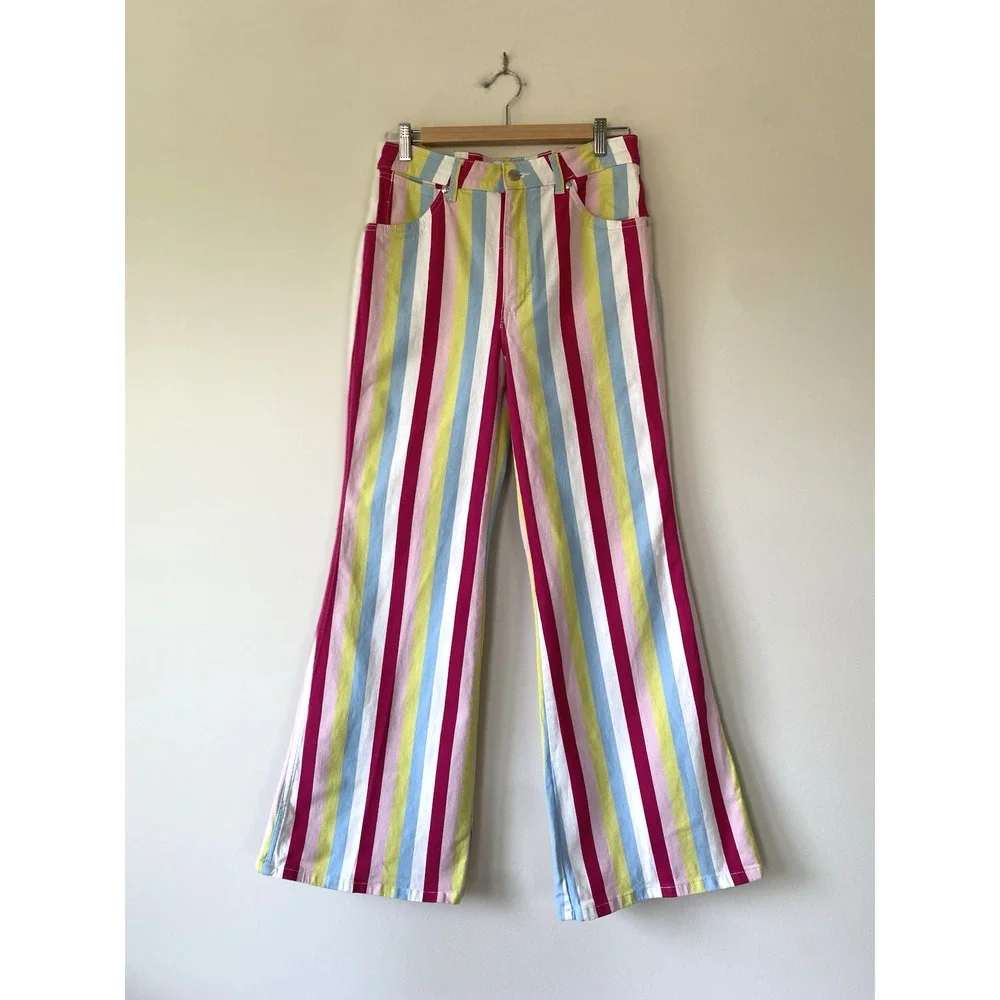 Wrangler Barbie Jeans Womens 29x31.5 Multicolor Striped Flare Denim Barbiecore - Picture 2 of 15